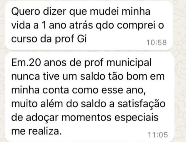 Print de mensagem de aluna da Prof Gi
