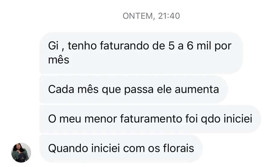 Print de mensagem de aluna da Prof Gi