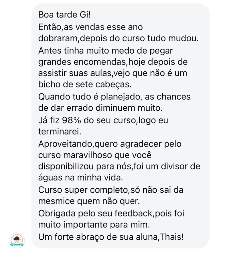 Print de mensagem de aluna da Prof Gi